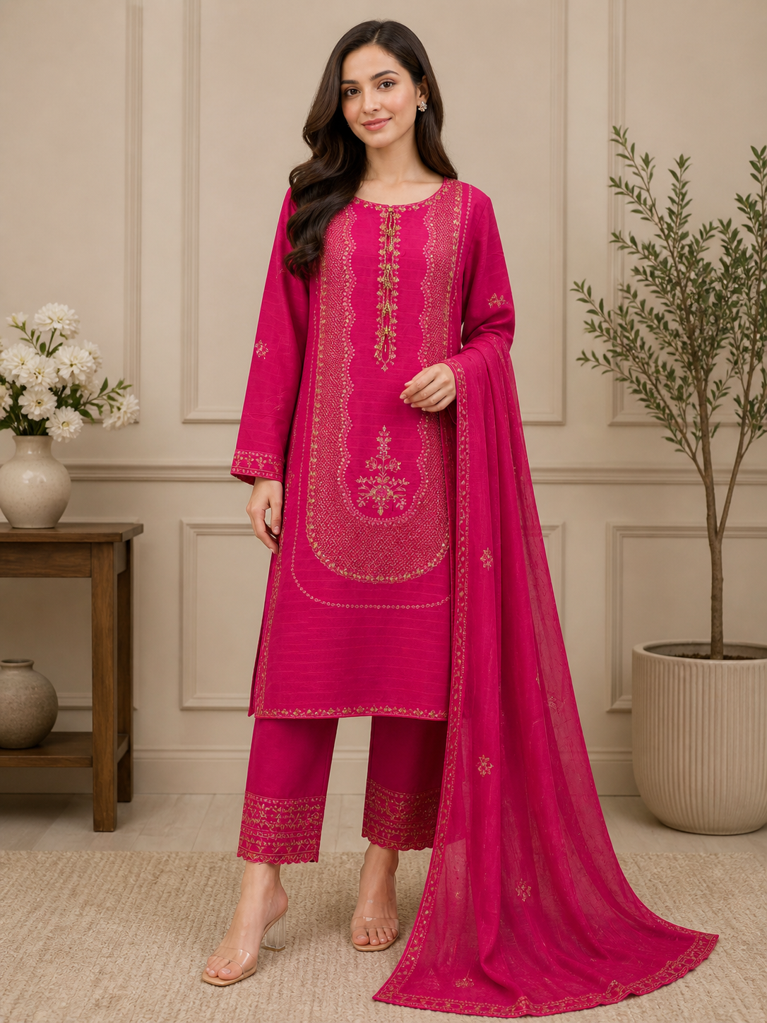Elegant Embroidered 3 Piece Suit with Dupatta