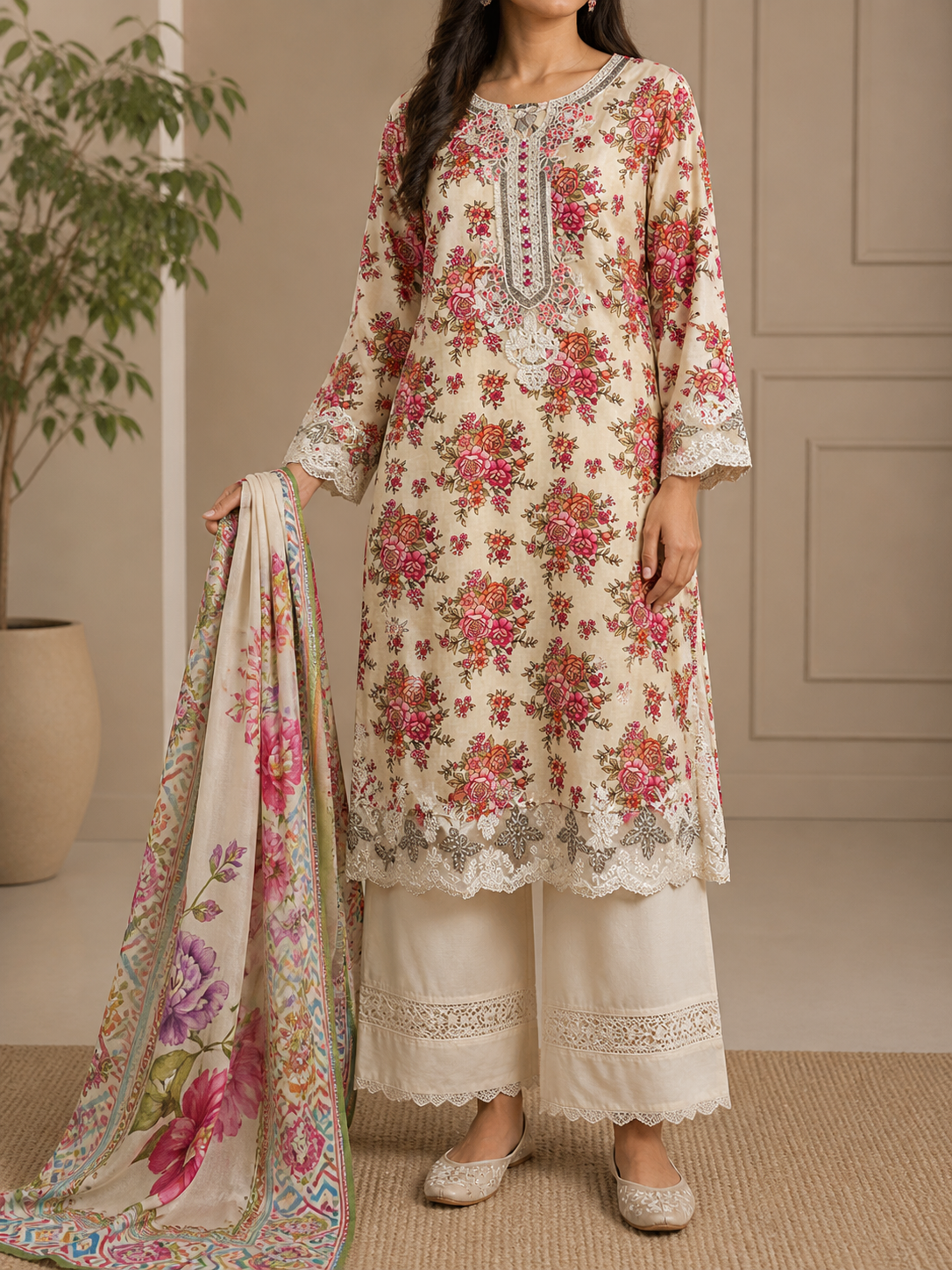 Elegant 3 Piece Lawn Suit with Lawn Dupatta