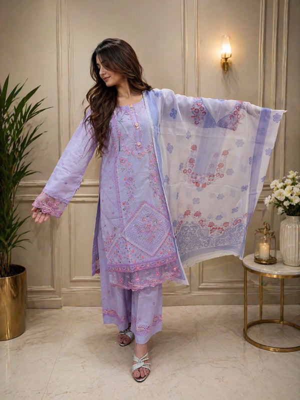 3 Piece Breeze Lawn Suit – Cotton Net Dupatta with Stylish Palazzo Trouser