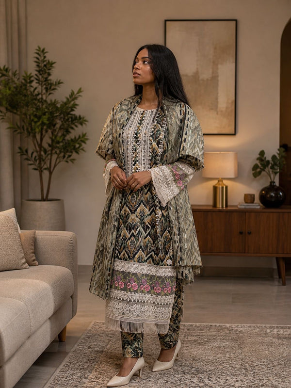 3 Piece Embroidered Lawn Suit – Shirt Print Matching Trouser with Big Cotton Net Dupatta