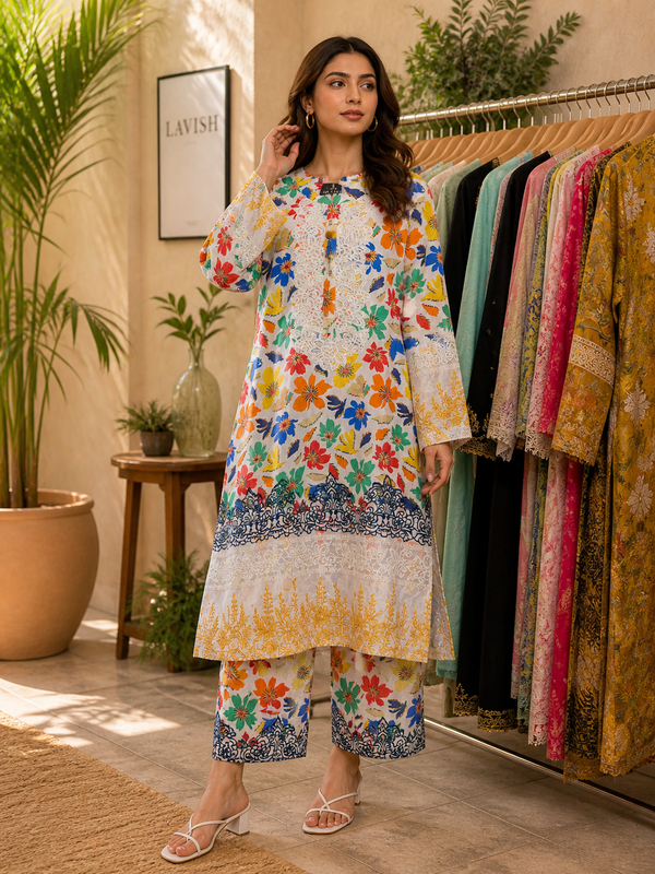 3 Piece Embroidered Lawn Suit – Shirt Print Matching Trouser with Big Cotton Net Dupatta